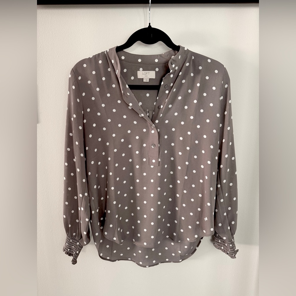 LOFT Taupe Polka Dot Button-Front Blouse